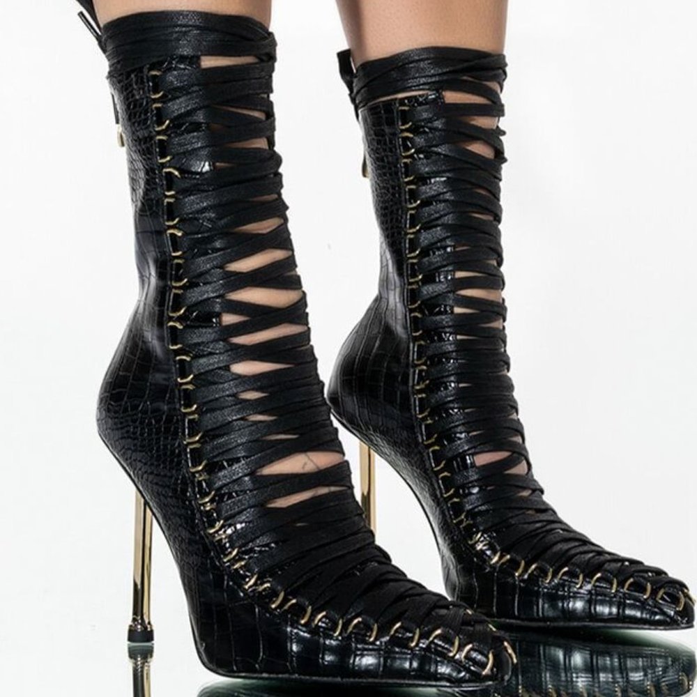 Dolls Kill Black Victorian Corset Fetish Stiletto Boots Size 7
